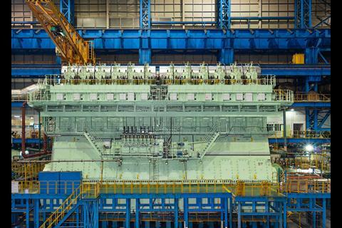 WinGD’s dual-fuelled X92DF engine, the first in a series that will power nine ULCS for CMA CGM Group. (Image courtesy of WinGD)